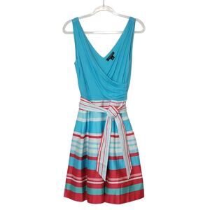 Ralph Lauren Dress Fit and Flare V Neck Sleeveless Stripe Midi Blue/Red Size 6